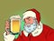 Santa Claus with a beer mug. Pub or bar, a fun party. Christmas and New Year, winter seasonal holiday in December