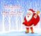Santa Claus with bell carrying sack with winter background