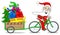 Santa claus on bicycle delivering christmas gifts