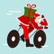 Santa Claus on a bicycle with a gift backpack. The concept of delivering gifts for Christmas and new year