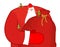 Santa Claus with big sack of gifts. Christmas elf helpers. Red b