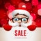 Santa Claus with big signboard. Christmas Sale lettering design, vector illustration.