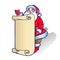 Santa Claus with blank parchment leaf for congratulation or invitation, cartoon on white background,