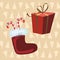 Santa Claus Boots and red gift, yellow background with christmas