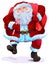 Santa claus carries bag of gifts and lollipop front view. Christmas greeting card template