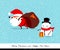 Santa Claus carries bag with gifts. Snow man is helping him. Funny emotional characters for the Christmas and New Year design. A