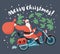 Santa Claus carries sack of gifts on motorcycle.