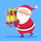 Santa Claus carry gifts stack. Christmas gift box carrying in hands. Heavy stacked winter holidays presents vector cartoon