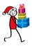 Santa Claus carrying colorful gift boxes, stick figure with red shirt walking and smiling, holding blue, green and red presents