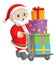 The Santa claus is carrying gifts with a trolley and moving