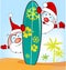 Santa claus cartoon with surfboard