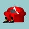 Santa Claus on chair working in laptop. Christmas work. New Year