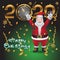 Santa Claus character 2020 watches confetti snowflakes on black isolated background. Victorea image