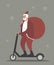 Santa Claus Character Riding Electric Scooter Vector Cartoon. Modern Santa with huge sack delivering gifts traveling on fast eco