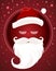 Santa Claus character white beard and moustaches in traditional Christmas holiday on red background.