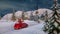 Santa Claus Christmas animation. Funny Santa Claus rides in a red car with gifts in a festive winter city. Fireworks.