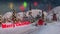 Santa Claus Christmas animation. Funny Santa Claus rides in a red car with gifts in a festive winter city. Fireworks.