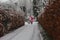 Santa Claus with Christmas surprises outdoor. Sled with gifts.