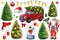 Santa Claus, Christmas tree, red car, snowball and snowmen. Watercolor illustration isolated on white background.