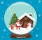 Santa Claus, Christmas tree, snowman, cute dog, presents and house, scene in snow globe