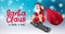 Santa claus christmas vector design. Santa is coming to town text in skateboarding character with gift bag and skateboard element.