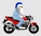 Santa Claus on classic motorcycle wearing red cap with fur pompon, sleeveless jacket side view isola