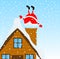 Santa Claus climbing the chimney of a wooden house