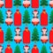 Santa Claus cow and Christmas tree pattern seamless. Bull in red clothes. New year and christmas background