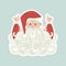 Santa Claus with curly beard pointing up on blue background.