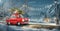 Santa claus in Cute car with decorated christmas tree on top goes by wonderful countryside road.