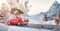 Santa claus in Cute car with decorated christmas tree on top goes by wonderful countryside road.