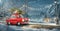 Santa claus in Cute little retro car with decorated christmas tree on top goes by wonderful countryside road.