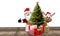 Santa Claus and a cute reindeer behind a tree with Christmas gifts 3d-illustration