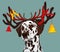 Santa claus dalmatian dog with new year horns with toys,