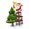 Santa Claus decorates the Christmas tree vector character.