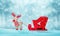 Santa Claus deer and empty sleigh in snow. Cute wooden toy