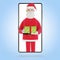 Santa Claus delivers gifts, online gifts to people. Smartphone screen with Santa Claus. Online shopping, delivery.