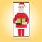 Santa Claus delivers gifts, online gifts to people. Smartphone screen with Santa Claus. Online shopping, delivery.