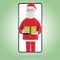 Santa Claus delivers gifts, online gifts to people. Smartphone screen with Santa Claus. Online shopping, delivery.