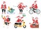 Santa Claus delivery. Cute Santa character delivering xmas holidays gifts with bike, sleigh and moped vector