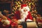 Santa Claus at desk with letters, gifts near Christmas tree