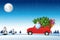 Santa Claus drive red car across snow with Christmas tree to send gifts to everyone