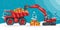 Santa Claus driving caterpillar excavator loading Christmas gifts to a mining truck. Christmas winter with snow. Celebrating the