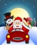 Santa Claus Driving a Green Car Along With Reindeer, Snowman, Children, and Full Moon