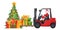 Santa Claus driving a red forklift. Christmas tree, gift boxes and candy canes. Christmas campaign for cargo logistics and