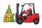 Santa Claus driving a red forklift with Christmas tree, gift boxes, candy canes on a pallet. Christmas campaign for cargo