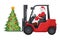 Santa Claus driving a red forklift loading a Christmas tree. Safety when handling forklifts. Christmas campaign for cargo
