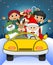Santa Claus Driving a Yellow Car Along With Reindeer, Snowman, Children, and Full Moon