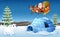 Santa Claus and elf riding deer sleigh flying over hill with polar bear and igloo