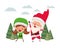 Santa claus with elf woman moving with christmas trees